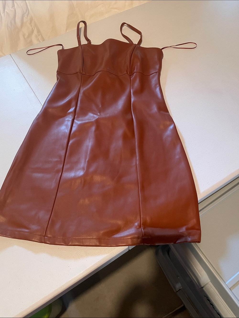 Faux Leather Mini Dress in Rust Brown with Spaghetti Straps